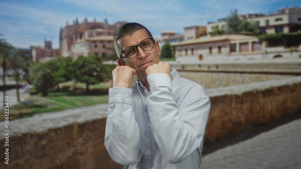 Fototapeta premium Caucasian man in a defensive boxing stance wearing glasses captures attention on a scenic outdoor street setting with historical architecture in the background.