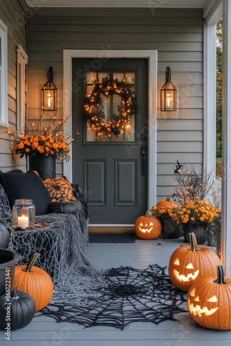Charming Halloween Decoration on a Cozy Porch With Pumpkins and Festive Lights
