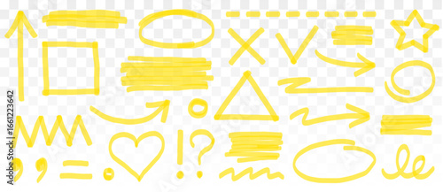 Highlight marker yellow set. Yellow underline mark with hand drawn marker stroke and sketch brush texture. Arrow paint scribble shape, check mark, and pen rectangle frame set. Vector illustration