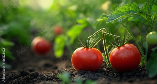 Red Tomatoes Growing Among Green Plants in a Garden Setting During Late After...
