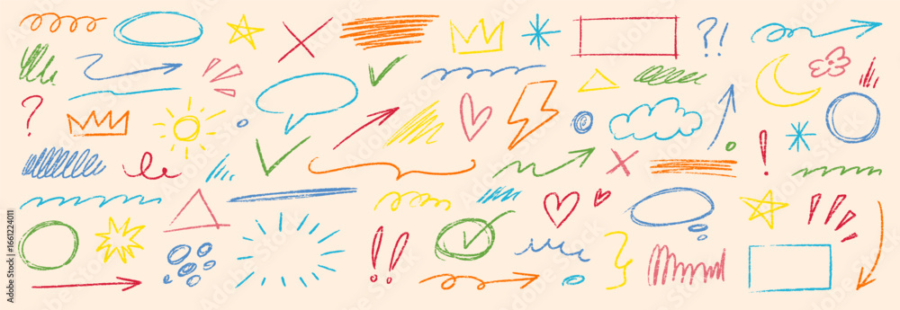 custom made wallpaper toronto digitalPencil color crayon line element set. Hand drawn scribble chalk pencil stroke colorful swirl, flower, cloud and arrow shape with crayon rough texture. Children paint background. Vector illustration