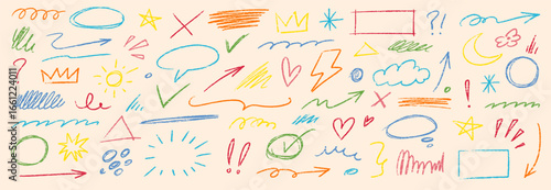 Wallpaper Mural Pencil color crayon line element set. Hand drawn scribble chalk pencil stroke colorful swirl, flower, cloud and arrow shape with crayon rough texture. Children paint background. Vector illustration Torontodigital.ca