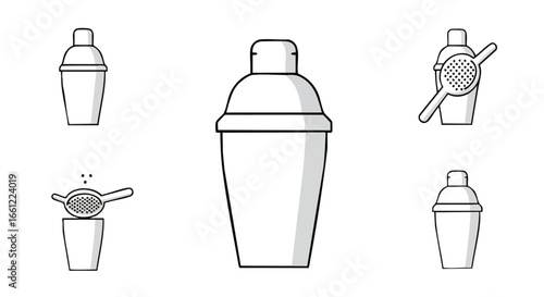 A set of line art icons depicting various cocktail shakers and a strainer for mixology.