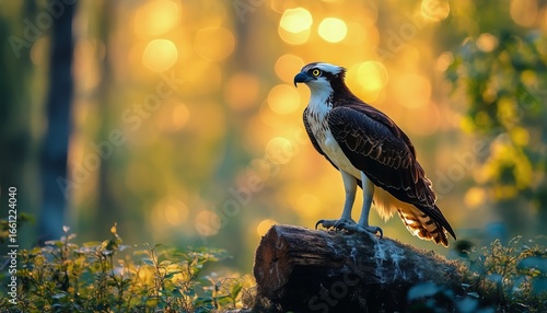 Majestic Ospreys Perched on a Log Surrounded by Sunlit Forest in the Golden Hour
