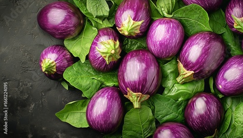 Freshly Harvested Purple Eggplants Alongside Leafy Greens on a Dark Surface.