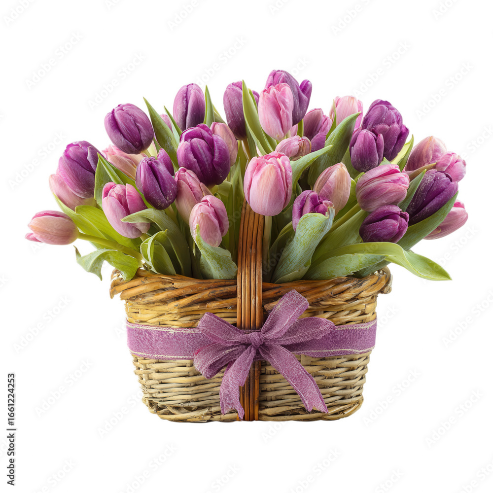 Obraz premium Colorful Tulip Flowers Arrangement in a Basket with Ribbon