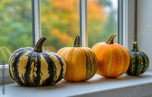 Colorful Pumpkins Arranged on a Windowsill During Autumn in a Cozy Indoor Set...