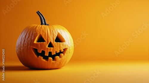 Carved Pumpkin With Glowing Face Displayed Against an Orange Background for H...