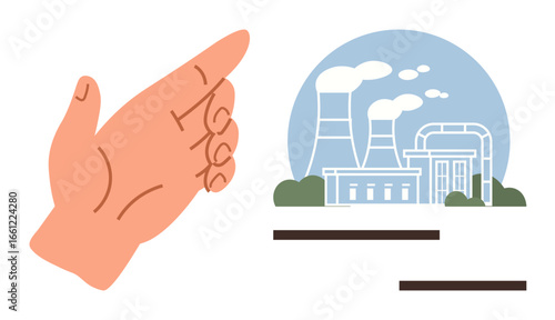 Open hand gesture near factory with chimneys emitting smoke, symbolizing environmental protection. Ideal for sustainability, ecology, activism, responsibility, pollution control, clean energy