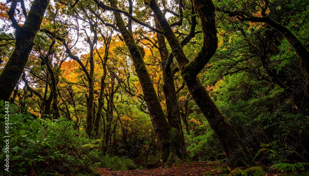 Naklejka premium Enchanted Forest Landscape at Dusk, Tranquil Wilderness View