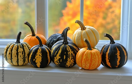 Colorful Pumpkins Arranged on a Windowsill in a Cozy Interior During Autumn S...