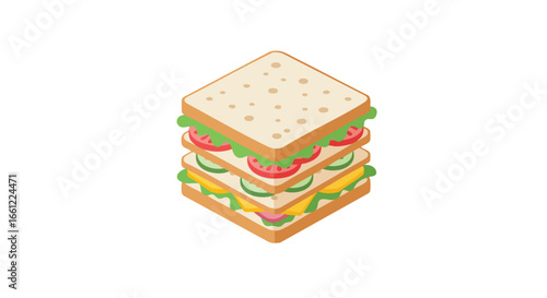 Isometric vector illustration of a multi-layered club sandwich with fresh vegetables, cheese, and meat.