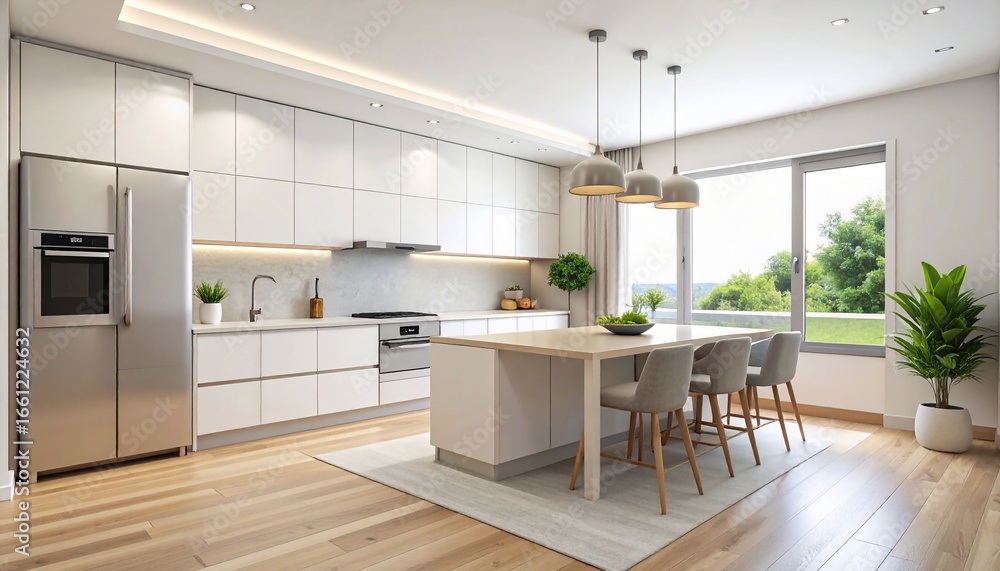 Fototapeta premium Modern Kitchen Interior Design with Island and Natural Light, a Luxurious Aesthetic