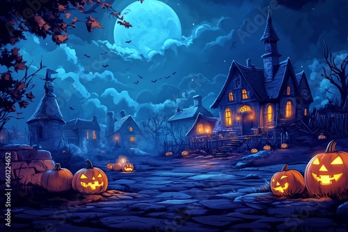 Haunted House at Night Surrounded by Glowing Jack-O-Lanterns and Full Moon