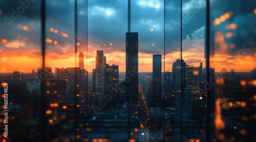 City Skyline Illuminated by Sunset Reflections in Glass Buildings During Twil...