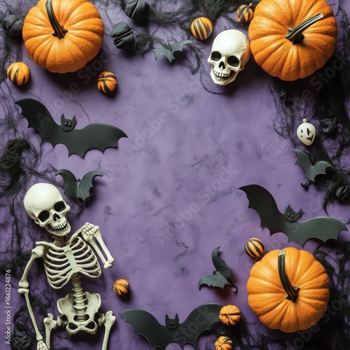 Halloween Celebration With Pumpkins, Skeleton, and Bats Arranged on Purple Ba...
