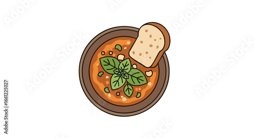An overhead illustration of a warm bowl of tomato soup garnished with fresh basil and served with a slice of bread.