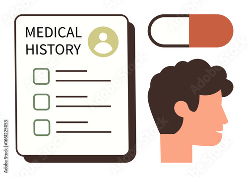 Medical history form featuring checklist and profile icon, male patient side profile, and capsule. Ideal for healthcare, diagnosis, treatment, pharmacy, health education, recordkeeping simple flat