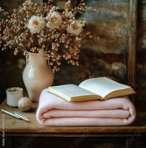 Cozy Indoor Setting With Books and a Soft Blanket on a Rustic Wooden Table Ne...