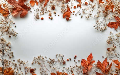 Autumn Leaves and Dried Flowers Arranged on a White Surface Create a Seasonal...