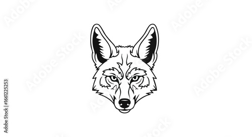 A detailed black and white line art illustration of a fierce fox head, depicted from a symmetrical front view.