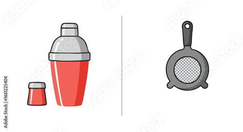 Vector illustration of essential bartending tools, a red cobbler cocktail shaker with its cap off and a fine mesh strainer.