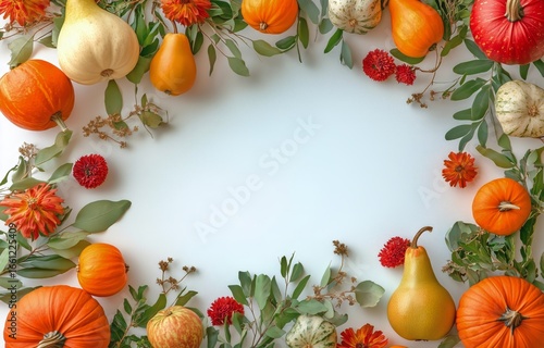 Colorful Autumn Harvest With Pumpkins, Pears, and Oranges Arranged on a White...