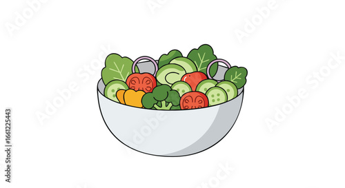 A colorful and healthy mixed vegetable salad in a white bowl, depicted in a clean, simple illustration style.