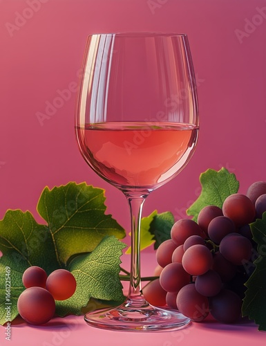 Elegant Glass of Ros Wine With Fresh Grapes and Green Leaves on a Pink Backgr...