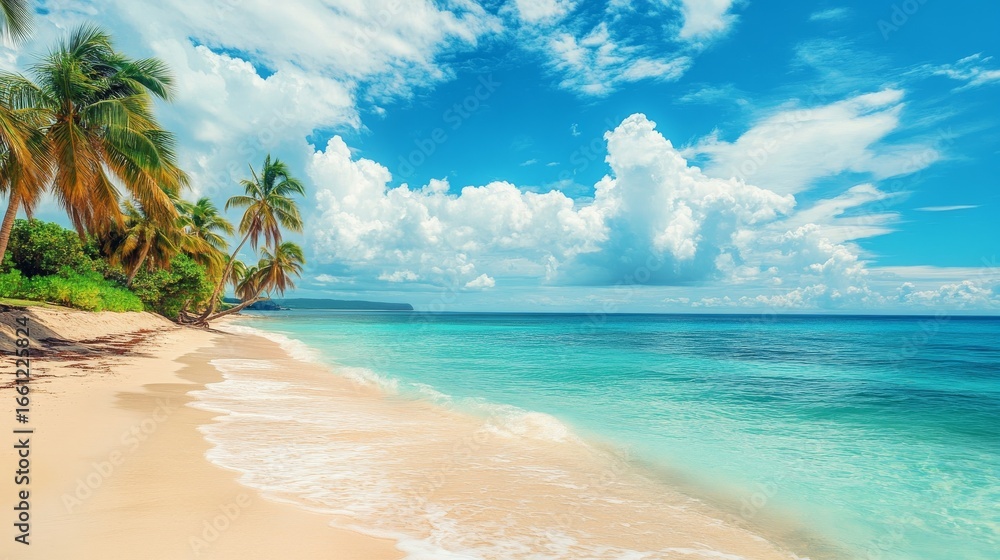 Fototapeta premium This travel destination, Punta Cana, features stunning beaches and turquoise waters with captivating clarity, set amidst vibrant tropical scenery that invites travelers to explore and relax under a