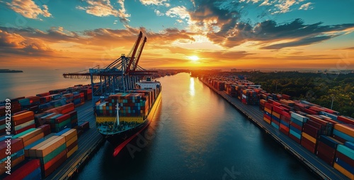 Sunset View of Cargo Ship at Port With Shipping Containers and Cranes in Scene