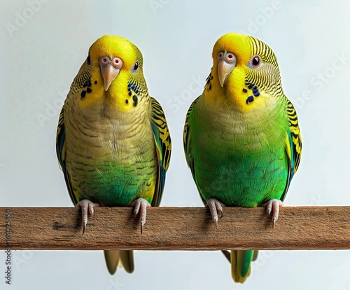 Colorful Budgerigars Perched on a Wooden Bar Against a Soft Green Background.