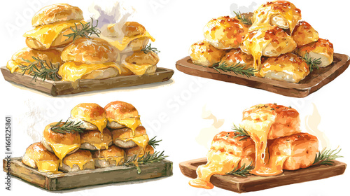 Watercolor illustration of freshly baked cheese biscuits melting with butter and herbs. Perfect for bakery branding, breakfast design, or homemade comfort food art.