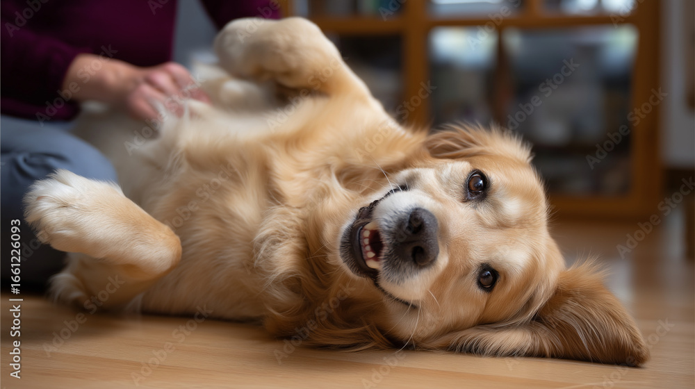 Obraz premium Happy Retriever Enjoys Belly Rubs with Vet in Relaxed Position