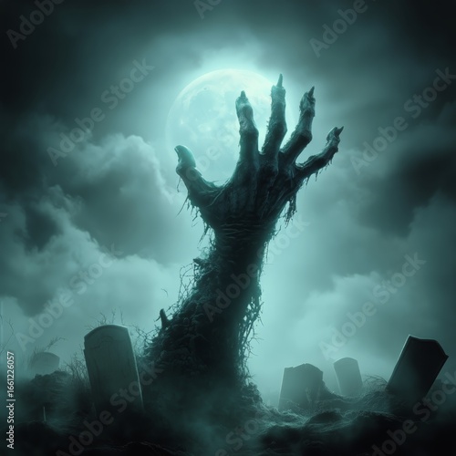 Creepy Hand Emerges From Grave Under Full Moon in Eerie Graveyard at Night.