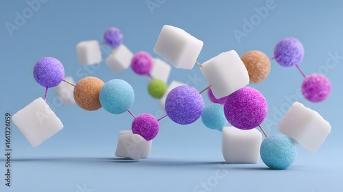 Floating sugar cubes dissolving into vibrant molecular structures, depicting metabolic balance.