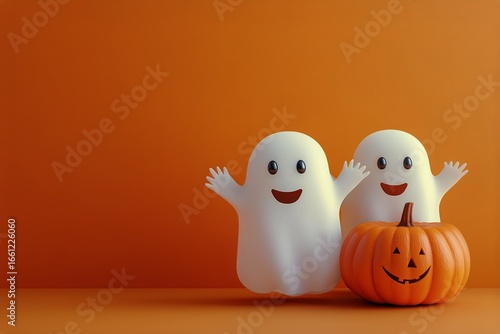Cheerful Ghost Decorations Celebrate Halloween With Pumpkin on Orange Backgro...
