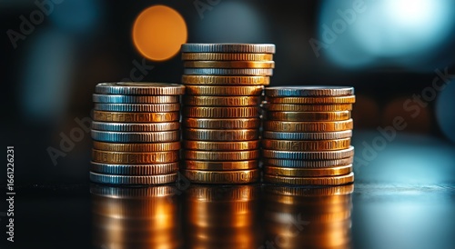 Stacked Coins Reflecting Warm Lights in a Dimly Lit Environment During Late E...