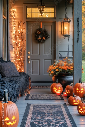 Charming Halloween Decoration on a Cozy Porch With Pumpkins and Festive Lights.