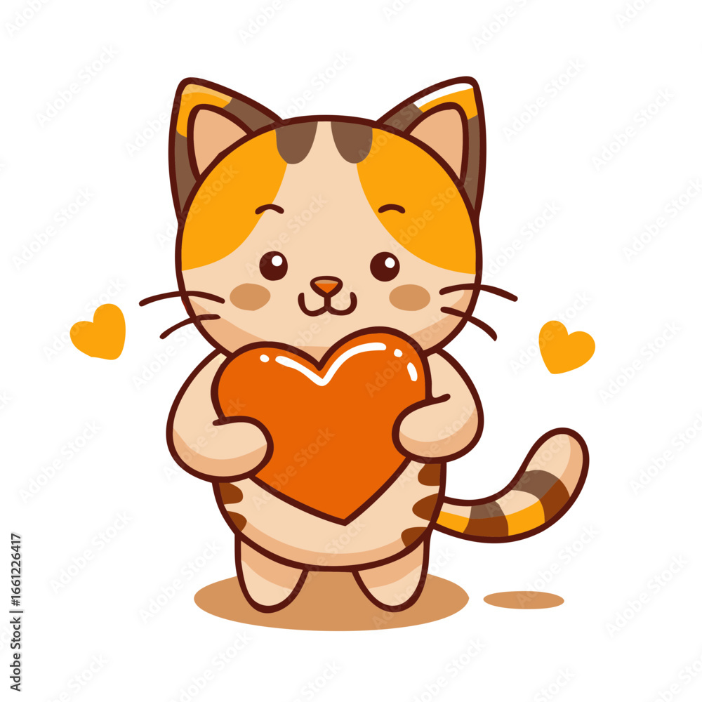 Fototapeta premium Colored vector icon of a cartoon cat holding a heart, symbolizing love, affection, and Valentine’s Day. Isolated on a transparent background