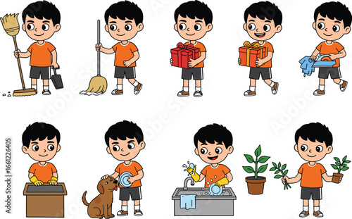 Cartoon boy doing household chores, cleaning, dishwashing, plant care, pet care, helping at home, daily routine, responsibility, kids activity, vector illustration, flat design