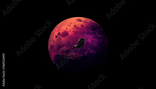 An astronaut floating in front of the planet Mars, with dark purple and red tones, high contrast, and a black background