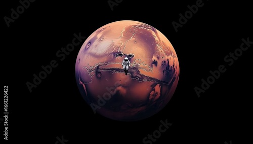 An astronaut floating in front of the planet Mars, with dark purple and red tones, high contrast, and a black background