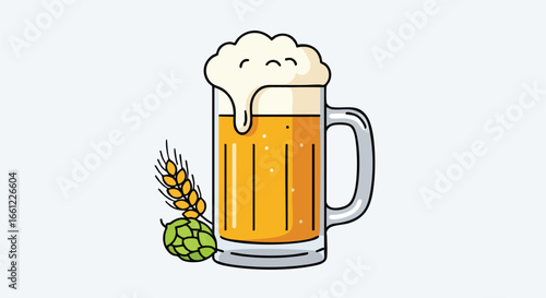 A cartoon illustration of a frosty mug of beer with a foamy head, accompanied by a stalk of wheat and a green hop cone.
