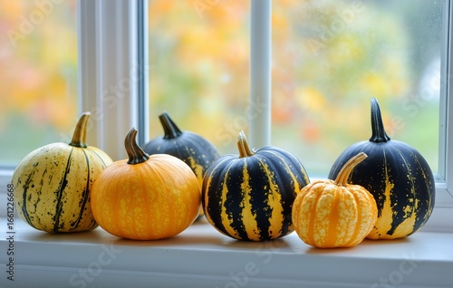 Colorful Pumpkins Arranged on a Windowsill During Autumn in a Cozy Indoor Set...