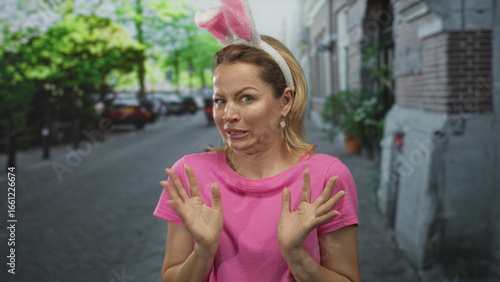 Fényképezés Woman wearing pink shirt and bunny ears grimacing with hands raised in recoil on a sunlit street; disgust