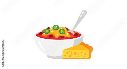 A vector illustration of a bowl of chili con carne topped with melted cheese and jalapeños, served with a slice of cornbread.