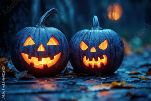 Illuminated Jack-O-Lanterns Glow in a Dark Forest During Halloween Night Cele...