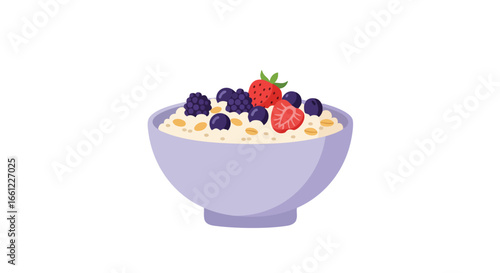 A purple bowl of oatmeal porridge topped with fresh mixed berries, including strawberries, blueberries, and blackberries.