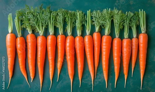 Freshly Harvested Carrots Arranged Neatly on a Green Surface in a Vibrant Kit...
